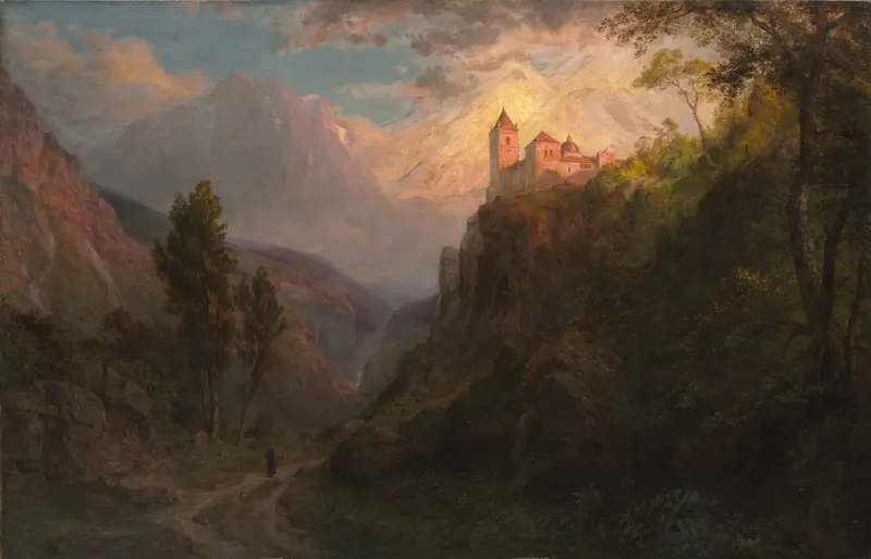The Monastery of San Pedro by Frederic Edwin Church, oil on canvas, depicting a rugged landscape with mountains.