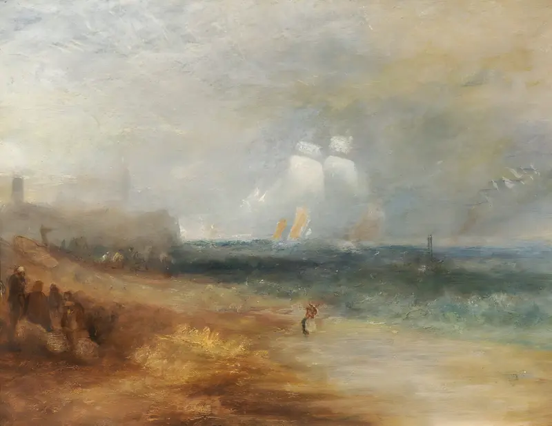 A dynamic seascape depicting the beach at Margate with turbulent skies and restless waters.