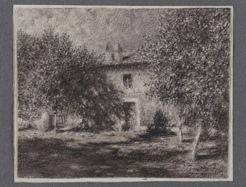 A serene landscape painting featuring a house among trees.