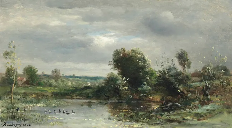 Ducklings on a lake, oil on canvas by Charles François Daubigny