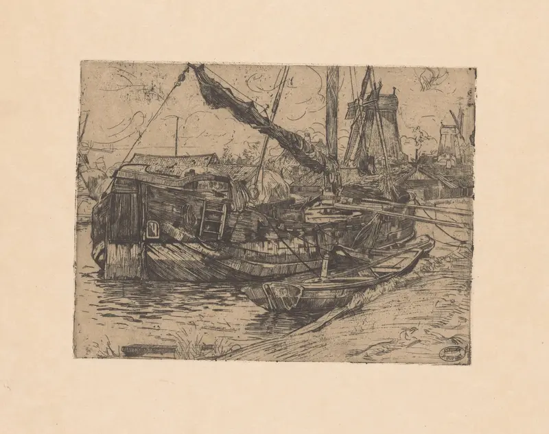 Tjalk in de Baarsjes in Amsterdam by Pieter Dupont, realism, depicts a wooden tjalk on water.
