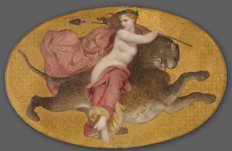 A Bacchante rides a panther, embodying the spirit of Bacchus in this vibrant painting by William Bouguereau.