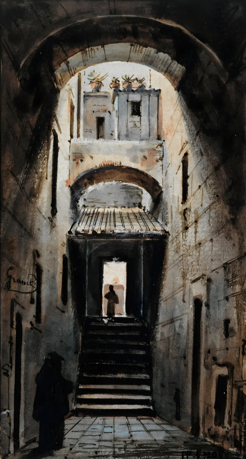 Architecture in 'Une rue sous les voûtes' by François-Marius Granet, depicting a desolate alleyway.