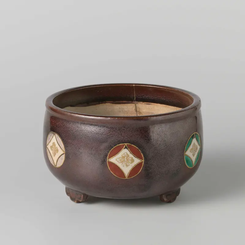 Ceramic incense burner with roundels and tea dust glaze by unknown artist