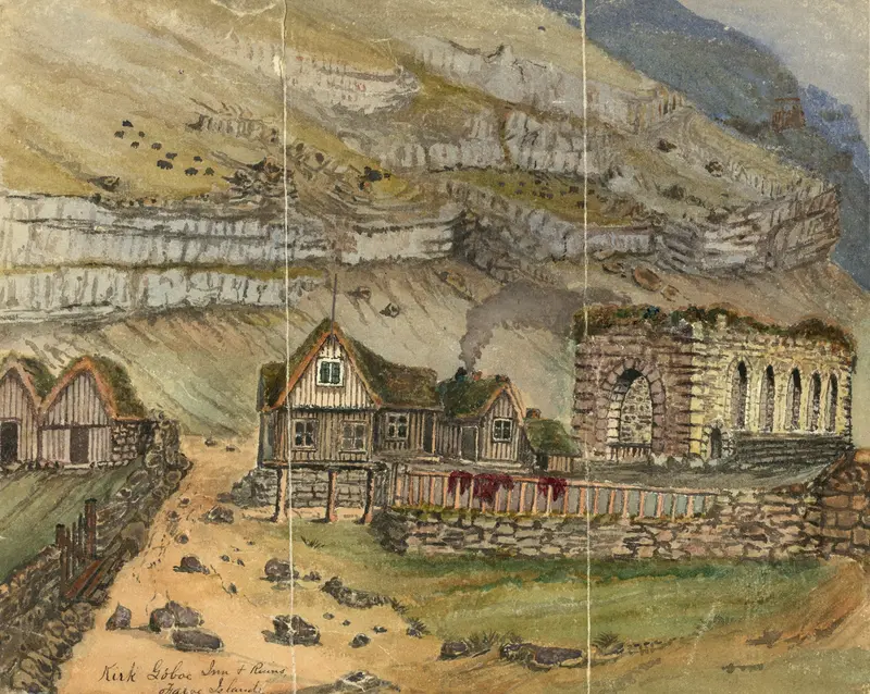 Kirk Gboe Inn & Ruins Faroe Island by Bayard Taylor, oil painting depicting weathered stones and hills.