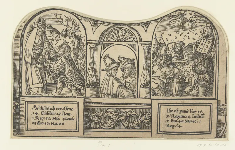 Ontmoeting van Abraham en Melchisedek en het verzamelen van het manna, paper by Jacob Cornelisz van Oostsanen