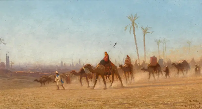 A Camel Caravan by Charles Théodore Frère, oil painting depicting camels in a desert landscape