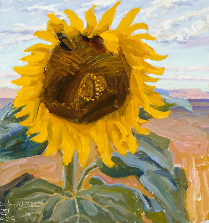 A single sunflower with bold brushwork, its petals flaring outward against a mauve and ochre background.