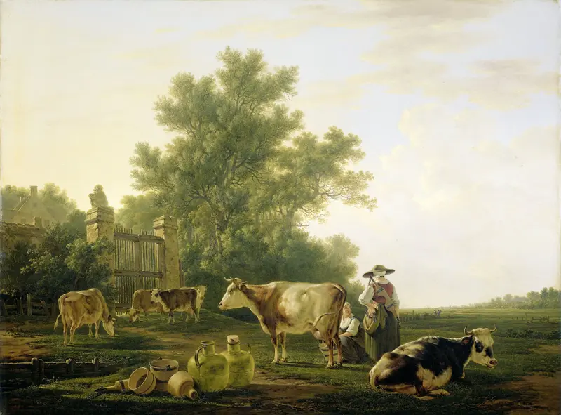 Milking Time by Jacob van Strij, oil on canvas depicting a woman milking a cow