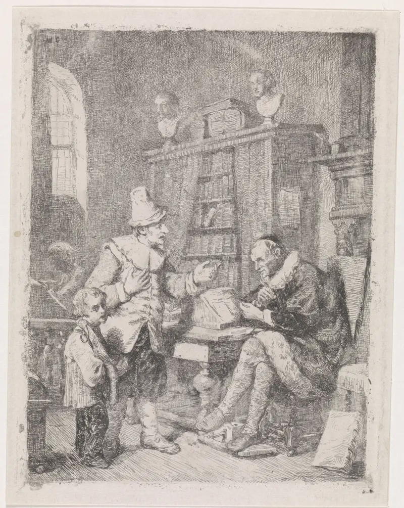 Etching by David van der Kellen depicting a woman in contemplation, 1837-1882