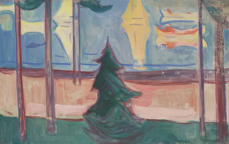 A serene beach landscape painted by Edvard Munch featuring trees and boats.