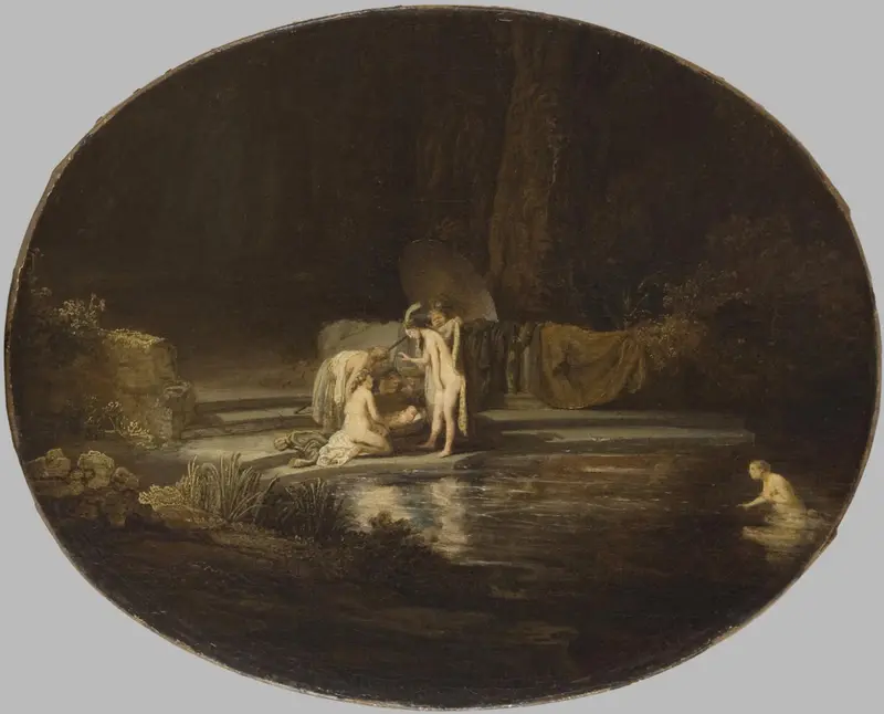 Rembrandt's early painting depicting the moment Pharaoh's daughter finds Moses in the Nile.