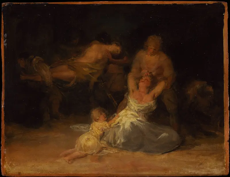 Act of Violence against Two Women, oil on canvas by Francisco de Goya, showing two distressed women in a violent scene.