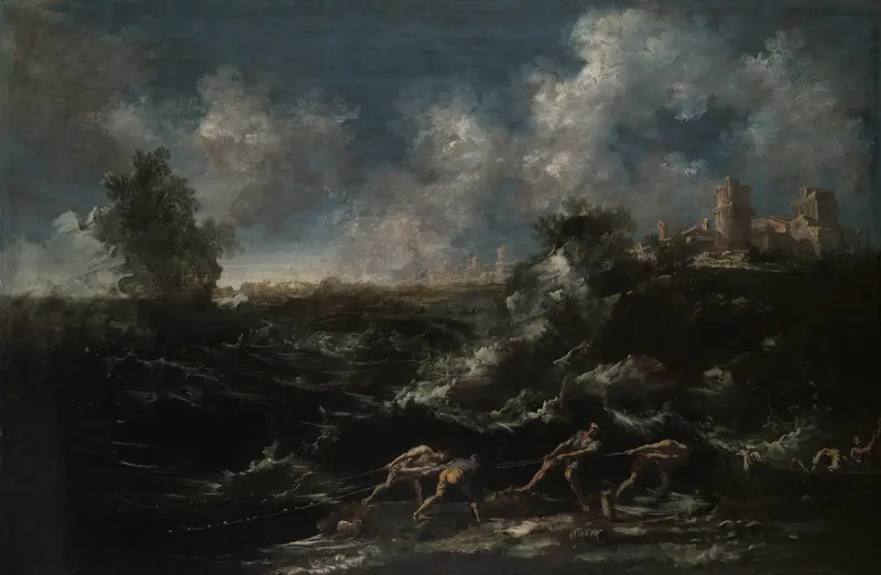A fisherman struggles against the waves while pulling a net from the turbulent sea under a dramatic sky.