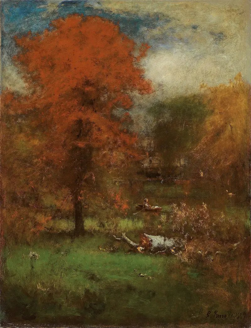 The Mill Pond by George Inness, oil on canvas, depicting a tranquil landscape with water and trees.