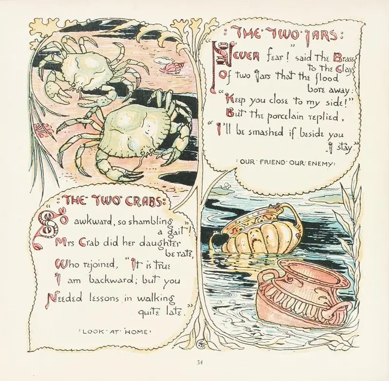 A still life painting featuring two jars and two crabs.
