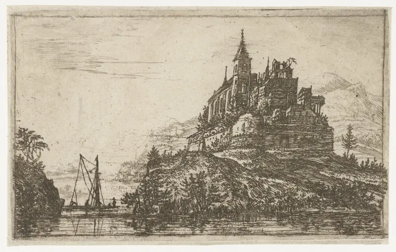 Landschap met een rivier en een kasteel op een heuvel, etching by Jan Ruyscher