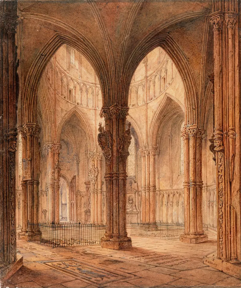 The Interior of the Temple Church, London by John Coney, depicting stone arches and stained glass light, oil painting