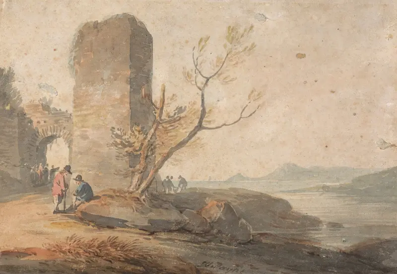 Figures by William Payne, watercolor on paper, standing before a ruined arch.