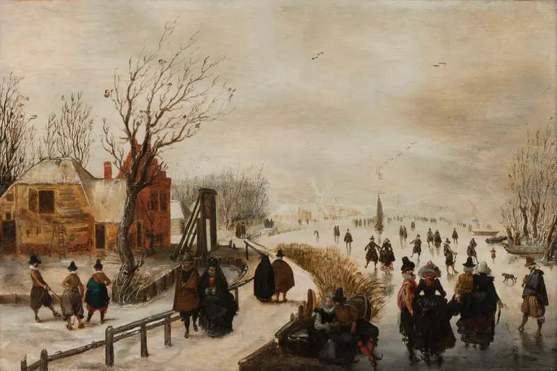 A winter scene with skaters on a canal, children, and walkers on a snowy path under a pale sky.