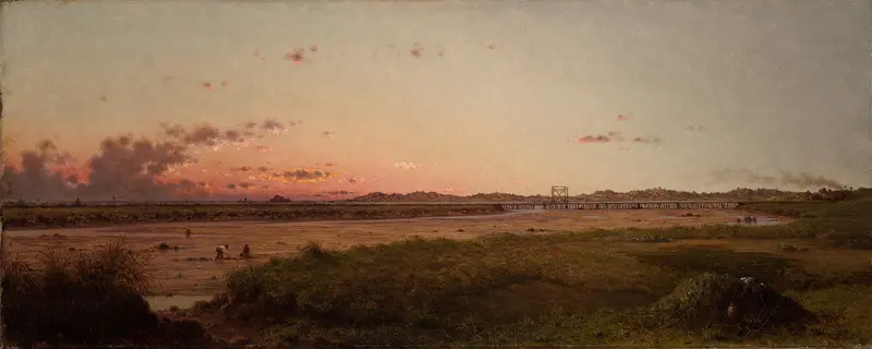 Lynn Meadows, oil on canvas by Martin Johnson Heade, depicting flowers in a meadow with warm golden light.