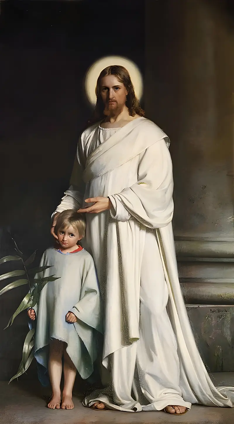 Carl Bloch's painting depicts Christ blessing a child with warmth and tenderness.