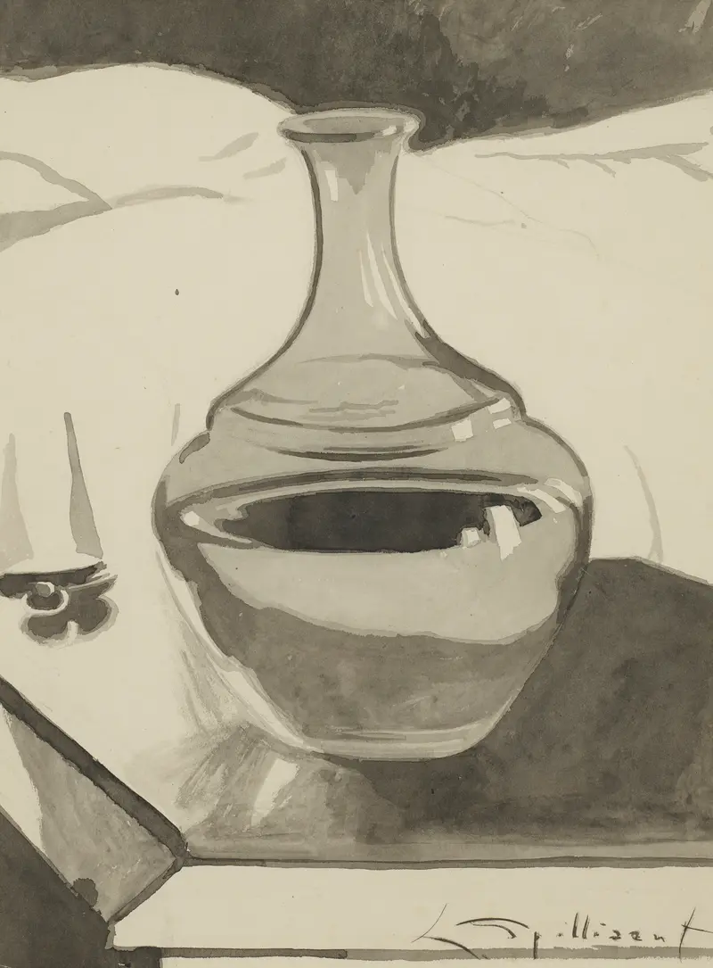 A still life painting featuring a carafe on a nightstand by Léon Spilliaert.