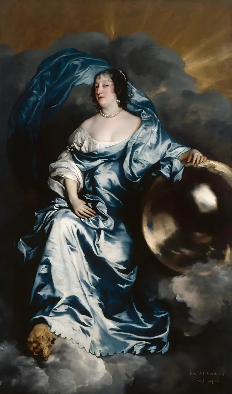 A woman in a shimmering blue gown sits among swirling clouds, her right hand on a golden sphere and a skull near her left foot.