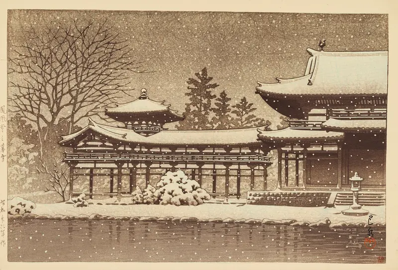 Hoodo no bosetsu by Kawase Hasui, Ukiyo-e, depicting Phoenix Hall surrounded by falling snow