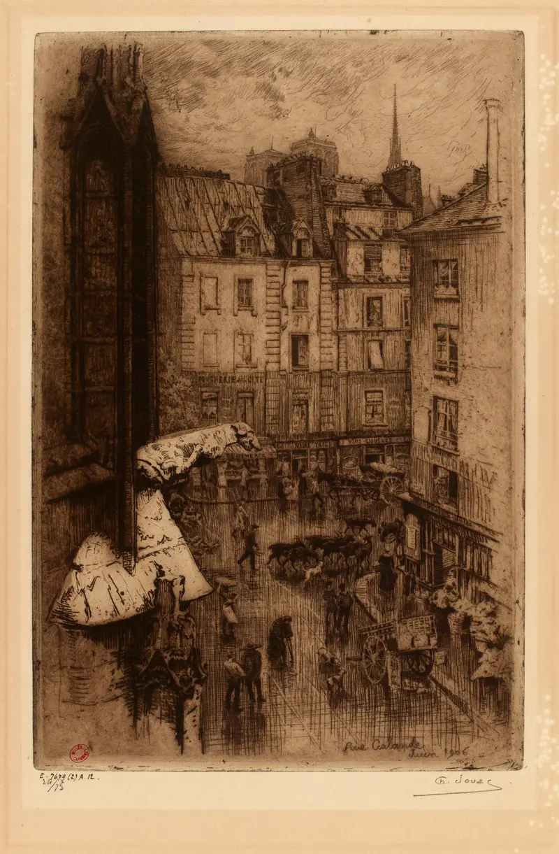 Twilight street scene by Charles Jouas, Impressionism, featuring cobblestones and soft hues.