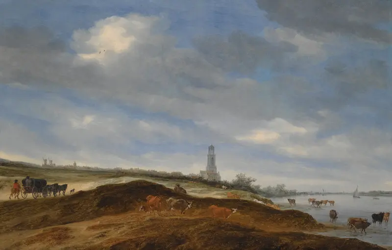 Landscape depicting the Rhine river and Rhenen city by Salomon van Ruysdael, oil painting