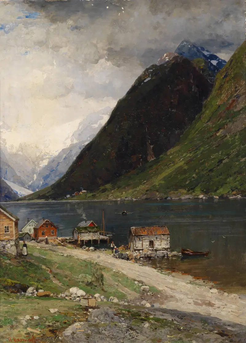 Fjordlandschaft by Georg Anton Rasmussen, oil painting depicting mountains under a twilight sky.
