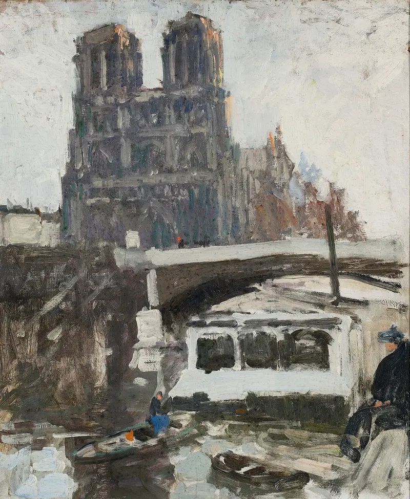 Notre-Dame by Tadeusz Makowski, oil on canvas, features the cathedral surrounded by abstract colors.