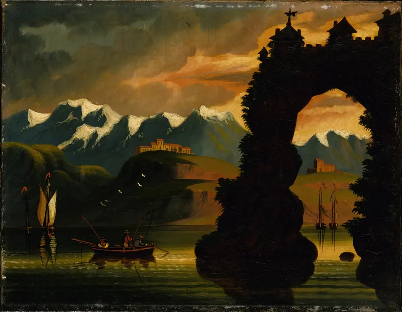 Landscape by Thomas Chambers, oil on canvas depicting rolling hills and a tranquil river.
