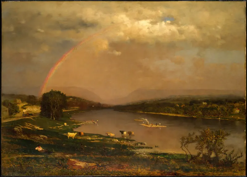 Delaware Water Gap by George Inness, oil painting depicting a serene landscape with a river and valley.