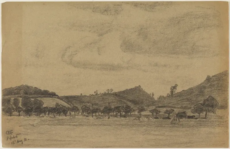 Hügelige Landschaft mit Baumreihe, oil on canvas by Gustav Kampmann, featuring rolling hills and a tree line.
