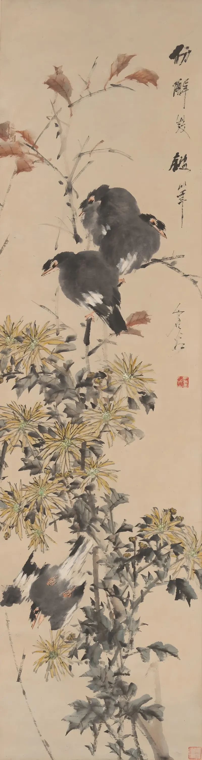 Crested Myna Birds and Chrysanthemums, paper by Xugu