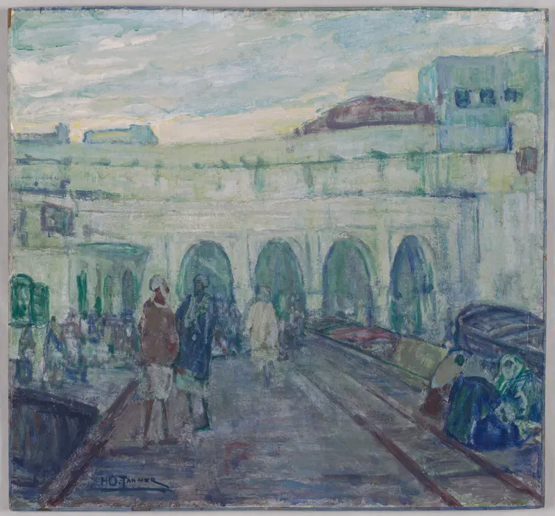 Port of Tangiers by Henry Ossawa Tanner, wood medium, depicting a bustling customs house scene.