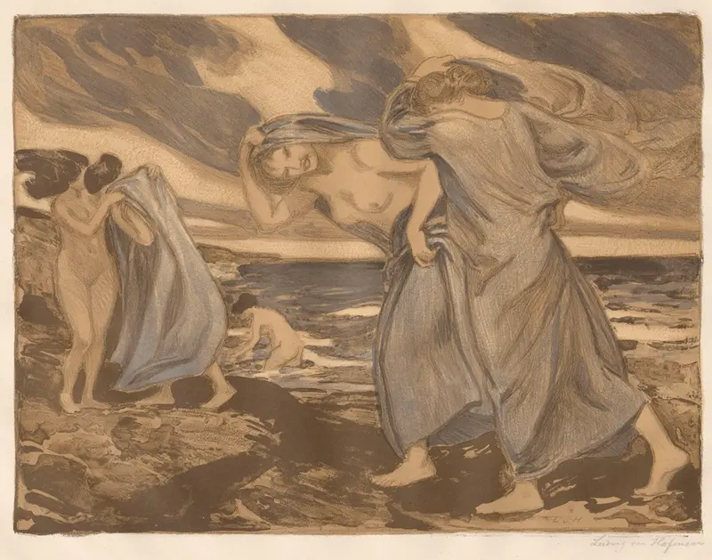 A serene depiction of a girl by the sea, showcasing Ludwig von Hofmann's Symbolist style.