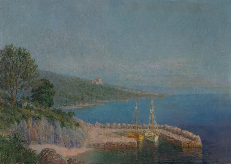 Seascape oil painting by Dezider Czölder depicting calm waters and gentle light