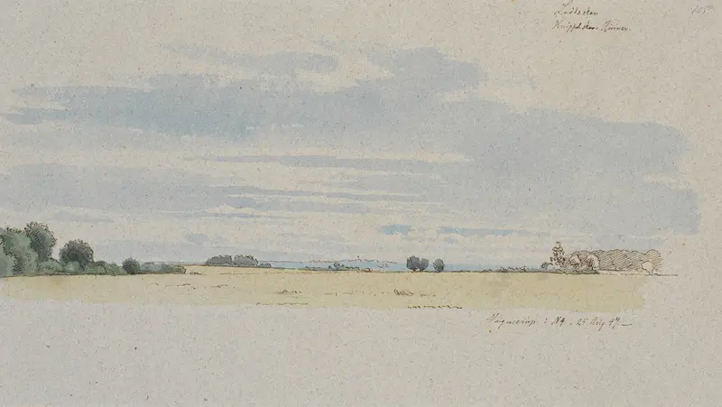 Landscape oil painting by Johan Thomas Lundbye featuring fields and a blue sky.