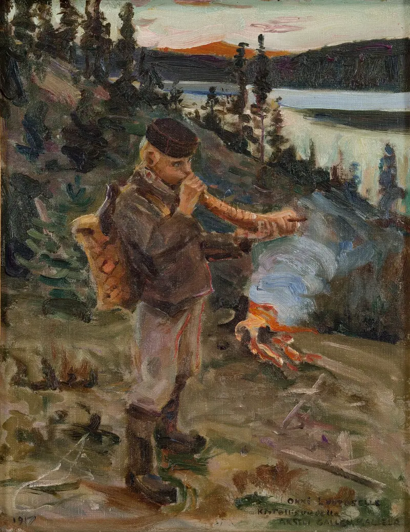 A shepherd boy stands by a flickering firelight, sounding a horn across a lake with trees and a colorful dusk sky in the background.