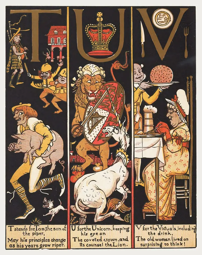 Walter Crane's 'The Absurd A.B.C Pl 6' features whimsical illustrations that engage with themes of absurdity.