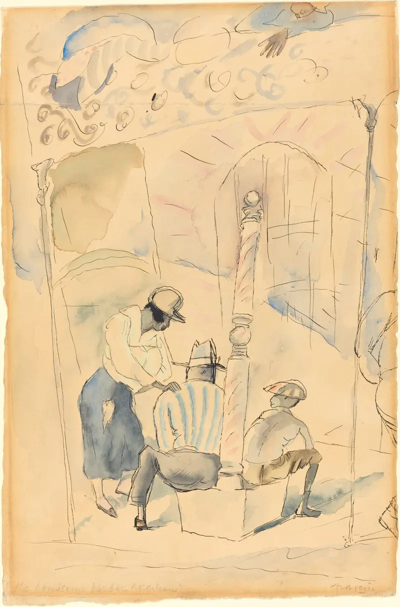 A depiction of a barber in a lively setting by Jules Pascin.