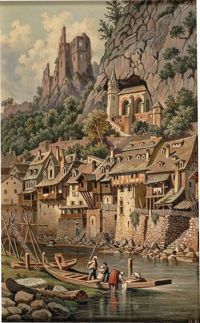View of the Rock Church and Castle Ruins in Idar-Oberstein, oil on canvas by Hubert Sattler