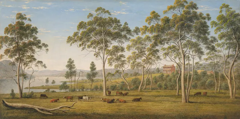 Landscape oil painting by John Glover showing a house surrounded by greenery and a blue sky.