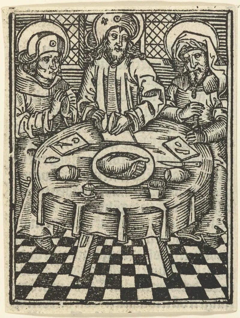 Religious scene depicting disciples at a meal, paper artwork by Meester van de Delbecq-Schreiber-Passie