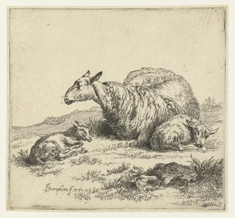 Etching by Nicolaes Pietersz Berchem of a shepherd with two lambs in a green landscape.