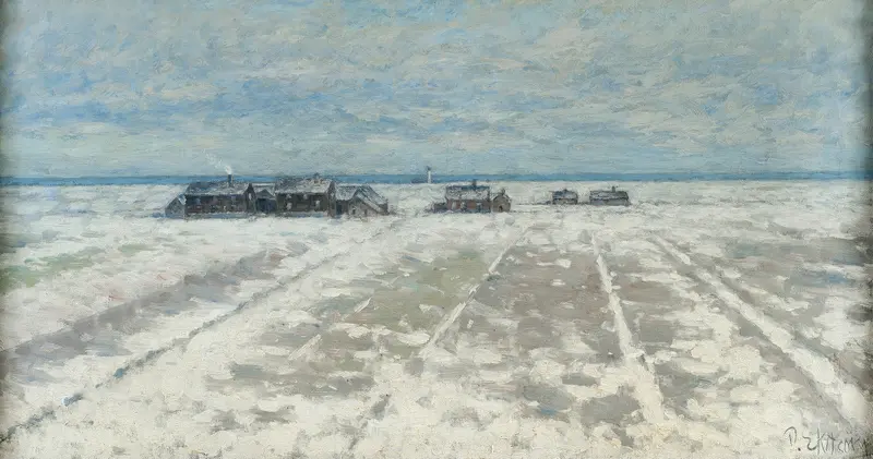 Winter landscape oil on canvas by Per Ekström depicting a snowy scene.