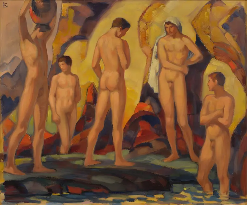 Ludwig von Hofmann's 'Bathers' captures a serene moment of figures in a natural setting.